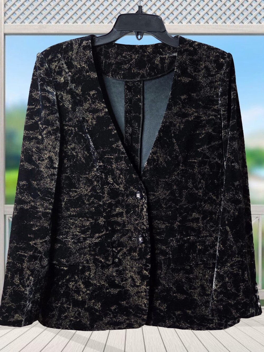 Women's Black Crushed Velvet Blazer Jacket with Metallic Gold Abstract Pattern